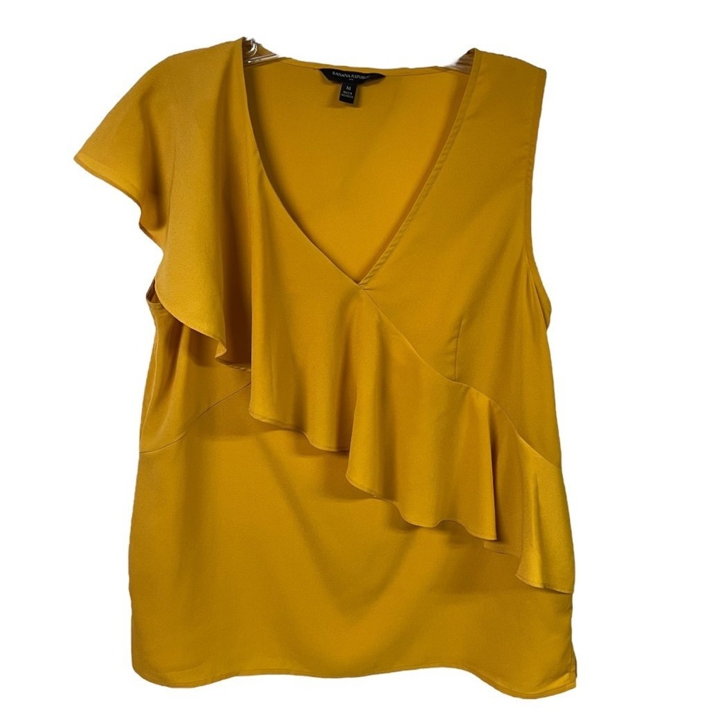 Banana‎ Republic Women's Asymmetrical Ruffle V Neck Top Yellow Size Medium - Picture 2 of 8